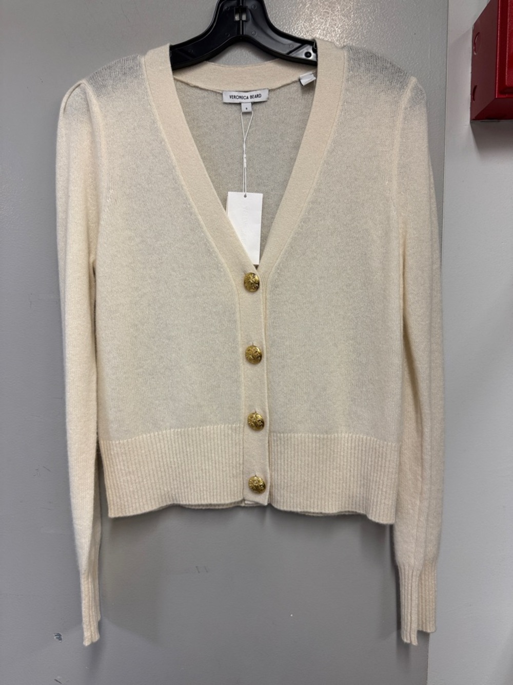 Veronica Beard Ivory V-Neck Button Cardigan with Gold Buttons